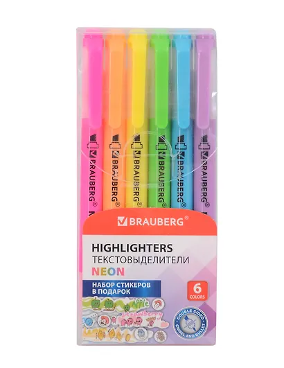 Текстовыделители 06цв "TWIN NEON" двусторонние, пл/уп, BRAUBERG - фото 1
