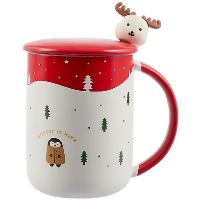 Кружка с крышкой и ложкой "Новогодние зверюшки и елочки", 450 мл - фото 1