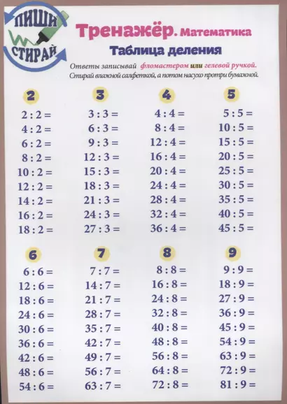 Справочные материалы Тренажер Математика Табл. деления. Табл. Деления. Вразброс (Пиши стирай) (лист) - фото 1
