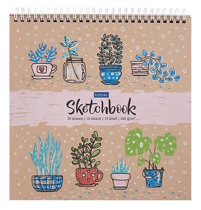 Скетчбук 240*240 30л "Ботаника" черн. внутр блок, крафт. внутр блок, 160 г/м2, тв.обложка, гребень - фото 1