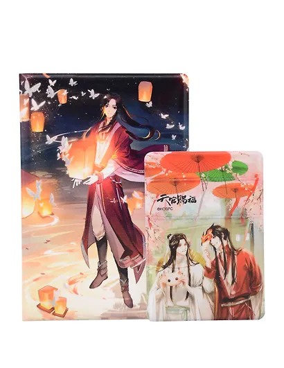 Набор Небожители 1: обложка для паспорта, картхолдер на телефон (Обложка для паспорта Благословение небожителей Сань Лан (Хуа Чэн) с фонарями (ПВХ бокс) + Чехол для карточек на телефон Благословение небожителей Се Лянь и Сань Лан с масками) - фото 1