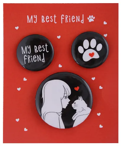 Набор значков Аниме ч/б Девушка с котиком (металл) (2 шт 25 мм, 1 шт 38 мм) (ЗН2024-073) - фото 1