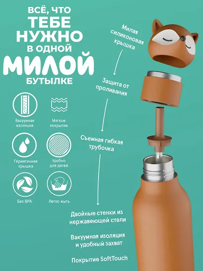Бутылка для холодных и горячих напитков Asobu Bestie Лиса (460мл) (69767) - фото 5