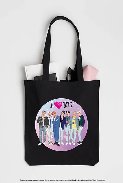 Сумка-шоппер. I love BTS (черная, 38х43 см, длина ручек 58 см) - фото 6