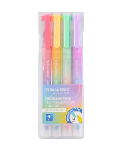 Текстовыделители 04цв "GRADE" двусторонние, ПВХ, подвес, BRAUBERG - фото 1