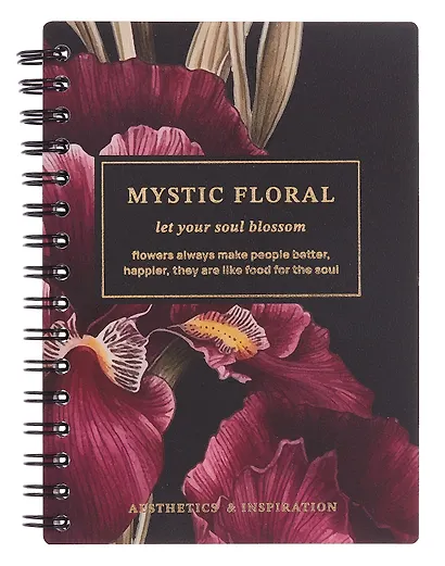 Записная книжка А6 80 листов в клетку, "Blossom. Irises on black", на спирали - фото 1