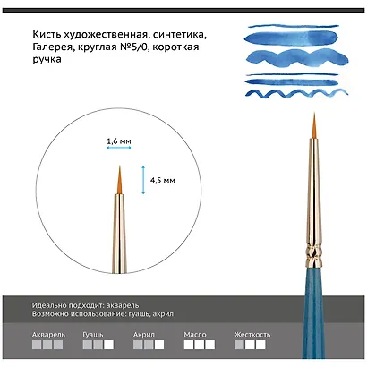 Кисть художественная Галерея, синтетика, круглая, короткая ручка №5/0, Гамма - фото 3