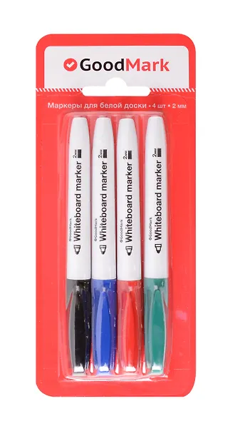 Маркеры для доски 4 цвета 4мм, тонкий корпус, блистер, Goodmark - фото 1