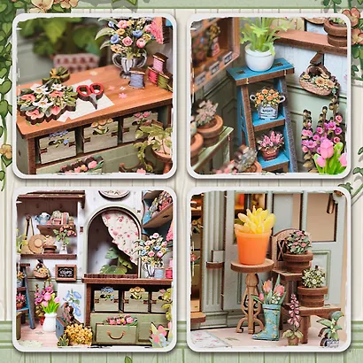 CWGC201 Конструктор интерьерный  – сборный домик CuteBee - Магазин цветов "Елисейские Поля", 199 деталей (материалы: дерево, картон, пластик, металл), со световыми эффектами (подсветка интерьера), с питанием от 2хААА батареек (не включены), серия DIY, воз - фото 8