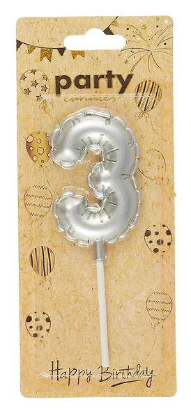 Свеча для торта Цифра 3 Воздушный шар (6см) (серебро) (блистер) - фото 1