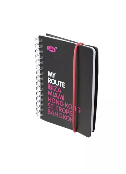 Записная книжка А6 80л лин. "MY ROUTE" спираль, пластик.обл., резинка, черно-розовая, stila - фото 1