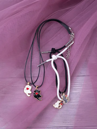 Набор парных браслетов и кулонов Котики (Набор парных браслетов с подвеской Котики+Набор парных кулонов Котики с сердечком) (текстиль, металл) - фото 6