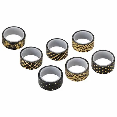 Клейкие WASHI-ленты для декора с фольгой ЧЕРНОЕ ЗОЛОТО, 15 мм х 3 м, 7 шт., рисовая бумага, ОСТРОВ СОКРОВИЩ, 661714 - фото 3