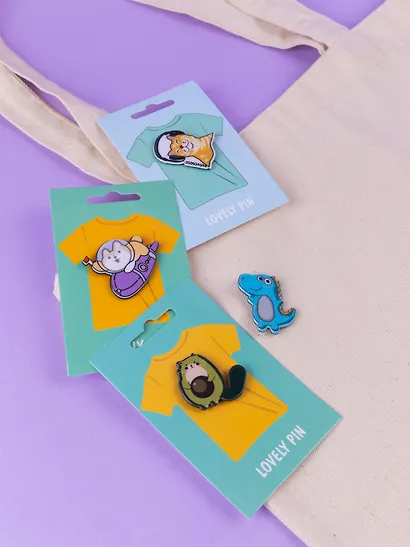 Набор акриловых значков (5шт) (Значок Корги в космосе Значок Котик Значок Авокадо Кот Значок Динозаврик (голубой) Значок Меломан) (акрил) (упаковка) - фото 10