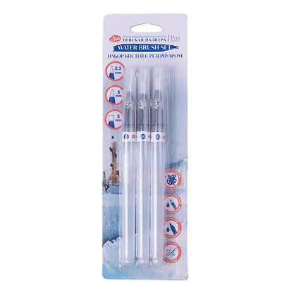 Кисти с резервуаром 03шт "Невская палитра", круглая №1 (2,5мм), круглая №3 (5мм), плоская №1 (5мм), блистер с европодвесом - фото 1