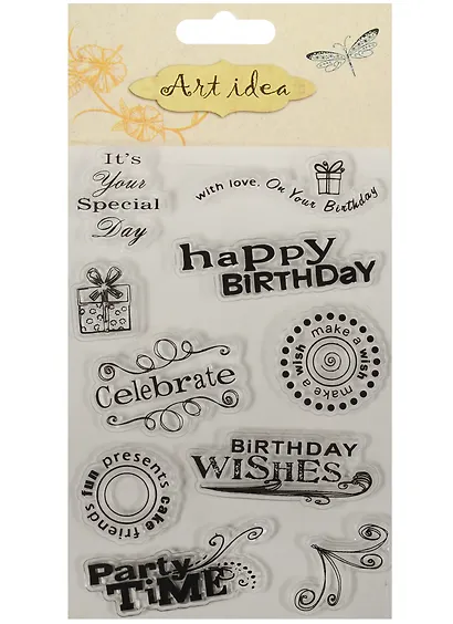 Силиконовые штампы для скрапбукинга на подложке в пакете, happy birthday - фото 1