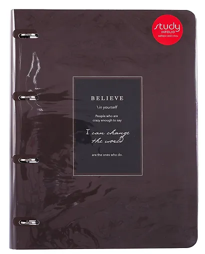 Тетрадь А4 120л кл. "Believe", коричневая рамка, на кольцах, сменный блок, обложка кожзам, тиснение фольгой, индивидуальная упаковка - фото 1