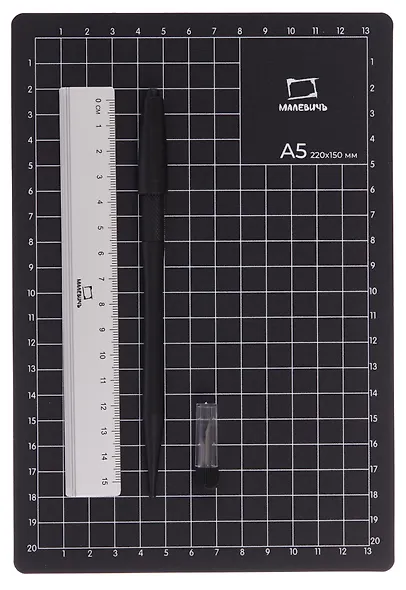 Коврик для резки А5 защитный, макетный нож, запасн.лезвия, линейка, блистер, Малевичъ - фото 2
