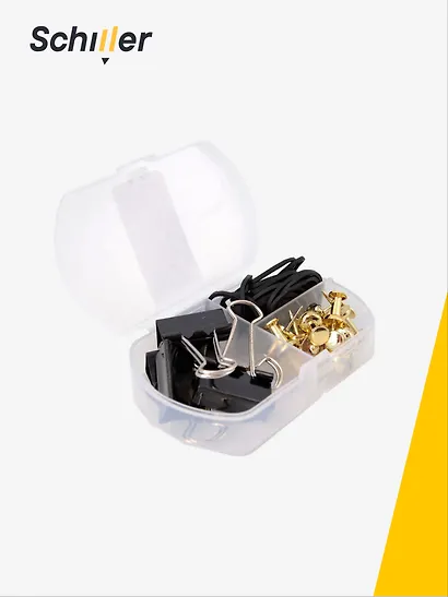 Набор канцелярский: резинки 4г 15 штук, зажимы черные 25 мм 4 штуки, кнопки-гвоздики золотые 15 штук, Schiller - фото 2