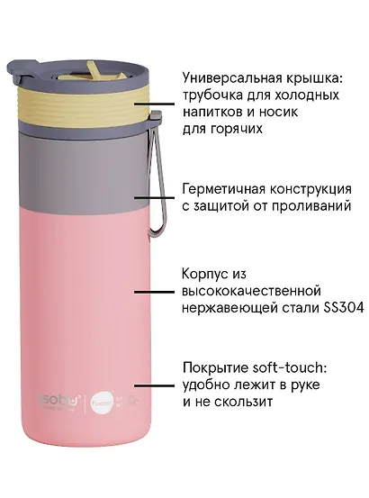 Асобу Дорожная бутылка для горячих и холодных напитков Asobu Aspen Персиковый цвет (600мл) (69740) - фото 3