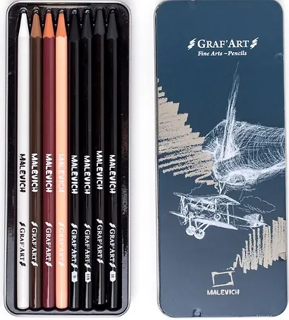 Набор графических материалов 08шт "Graf'Art" белый пастельн. карандаш, сангина светлая и темная, сепия светлая и темная, угольные карандаши 03шт, мет.коробка, Малевичъ - фото 2