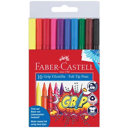 Фломастеры 10 цветов "Grip" трехгранные, смываемые, Faber-Castell - фото 1