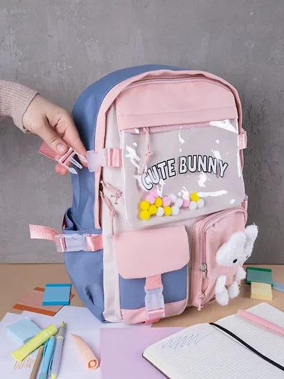 Рюкзак "Зайка" 42*27*15см, сине-розовый, с игрушкой - фото 13
