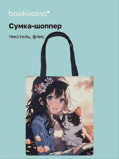 Сумка-шоппер на молнии Аниме Девушка с котенком (38х35) (текстиль, флис) Bookvalno - фото 1