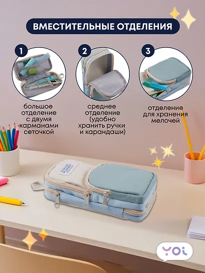 Пенал-рюкзачок на молнии "Pastel", 3 отделения, мятно-бежевый, Yoi - фото 2