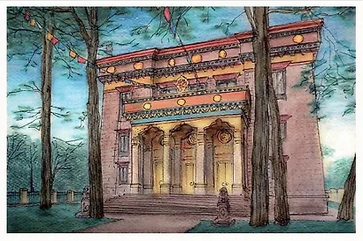 Открытка 10*15см тушь СПб Буддийский храм Дацан Гунзэчойнэй О/010/016 - фото 1