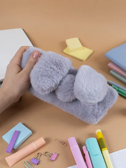 Пенал-косметичка для девочек из искусственного меха с подкладкой "Rabbit", серый, Yoi - фото 12