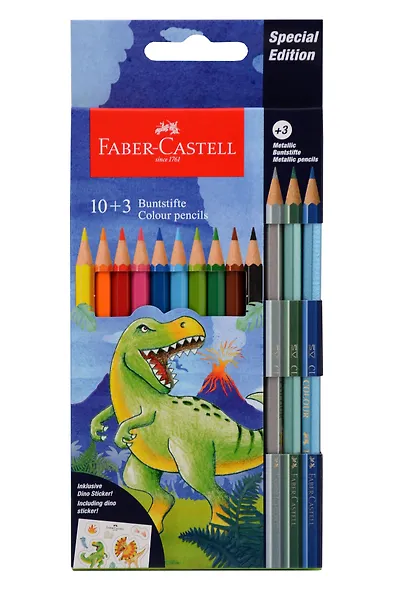 Карандаши цветные "Dinosaur", 10 цв. + 3 цв. металл. + наклейки, заточен., к/к, блист., Faber-Castell - фото 1