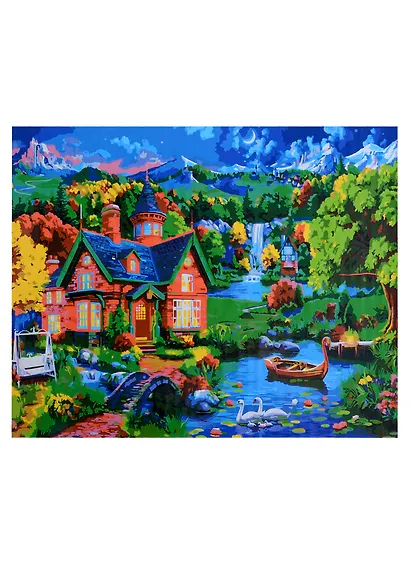 Холст с красками "Сказочный ночной вид на дома и горы", 40х50 - фото 1