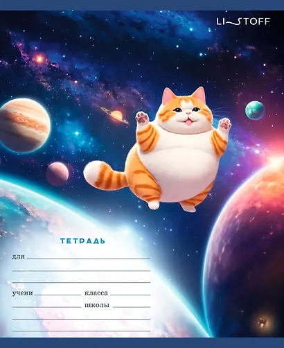 Тетрадь 18л лин. "Космический котик" мел.картон, выб.лак, офсет 60г/м2, поля, ассорти - фото 3