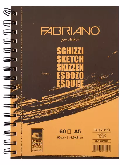 Альбом для зарисовок 14,8*21см 60л "Schizzi" спираль, 90г/м2, темная обложка, Fabriano - фото 1