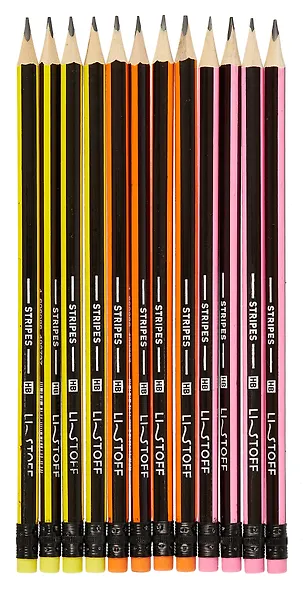 Карандаши чернографитные с ластиком 12 штук "Stripes" НВ, трехгранные, заточенные, Listoff - фото 2