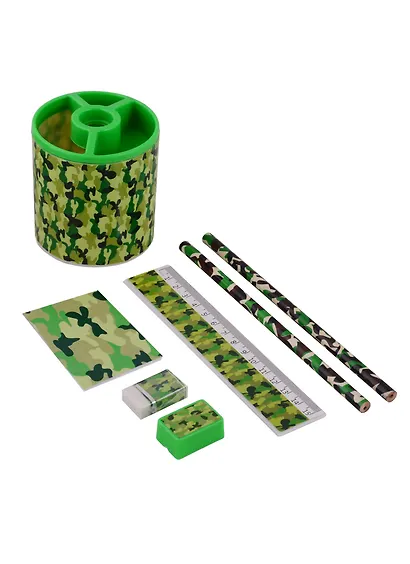 Набор настольный детский "Камуфляж" зеленый, стакан, линейка 15см, ластик, точилка, 2 ч/гр карандаша, блокнот, инд.уп. - фото 2