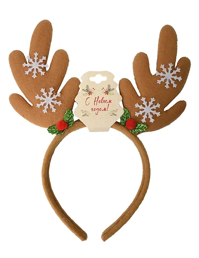 Ободок новогодний Рожки олененка со снежинками (коричневые) (текстиль) (12-6142-HNY7) - фото 1