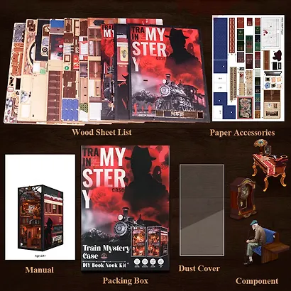 BN01 Конструктор интерьерный  – сборный домик CuteBee - Загадочное Расследование в Поезде, 338 деталей (материалы: дерево, картон, пластик, металл), со световыми эффектами (подсветка интерьера), с питанием от 2хААА батареек (не включены), серия DIY, возра - фото 4