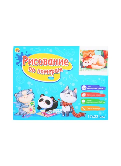 Холст с красками 17х22см по номерам, в коробке (12цв.) СПЯЩИЙ КОТИК (Арт. ХК-3601) - фото 2