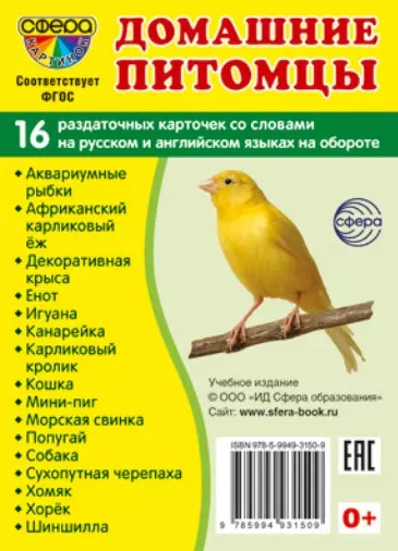 Домашние питомцы. 16 раздаточных карточек со словами на русском и английском языках на обороте - фото 1