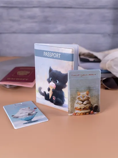 Набор (Обложка для паспорта 1шт + Кардхолдер 2шт) (Обложка для паспорта Сладкие коты Котик с мороженым Чехол для карточек на телефон Сладкие коты Кондитер (Кот с тортом) Чехол для карточек вертикальный Сладкие коты Коттейль (Котик в бокале) (упаковка) - фото 10