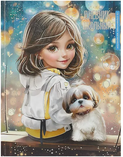 Дневник шк. "Шатенка с собачкой" тв.переплёт, полноцв.печать, тиснение фольгой, глянц.ламинация, пантон, универс.шпаргалка - фото 1