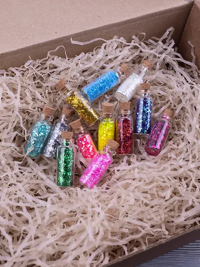 Набор Глиттер в стеклянных бутылках с пробками (ГЛ) (11098500) (12шт) круглые блестки и полоски - фото 4