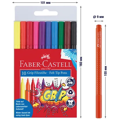 Фломастеры 10 цветов "Grip" трехгранные, смываемые, Faber-Castell - фото 4