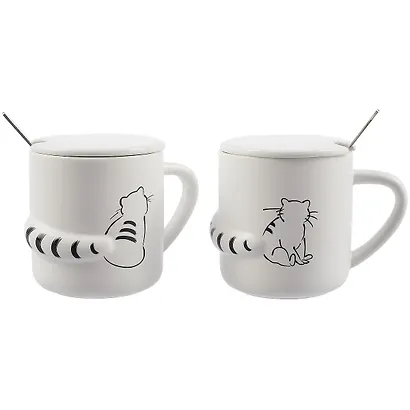Кружка с крышкой и ложкой Котик с объемным хвостом (керамика) (380мл) (12-08070-HY-1011) - фото 4