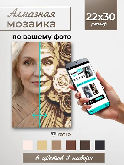 Алмазная мозаика 22х30 см. Серия "СЕЛФИКОНСТРУКТОР". 6 цветов. Ретро Арт.СКА-2454) - фото 2