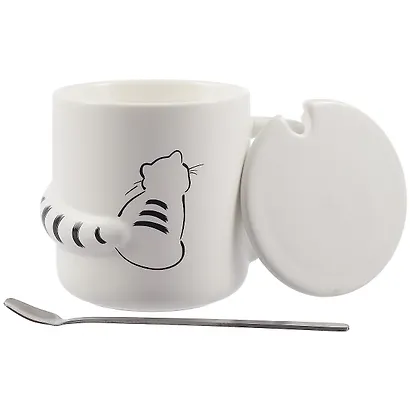 Кружка с крышкой и ложкой Котик с объемным хвостом (керамика) (380мл) (12-08070-HY-1011) - фото 2