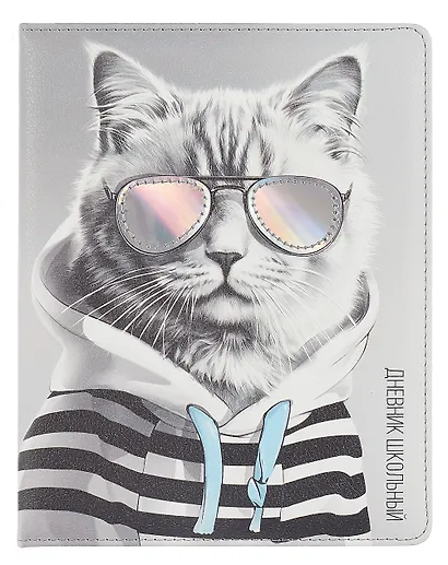 Дневник шк. "Кот в худи" кожзам, тв.переплёт, поролон, аппликация, полноцв.печать, одно ляссе, загругл.углы, универс.шпаргалка - фото 1