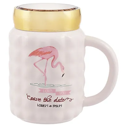 Кружка с зеркальной крышкой Фламинго (рифлёная) (керамика) (400мл) (12-07501-A277) - фото 1